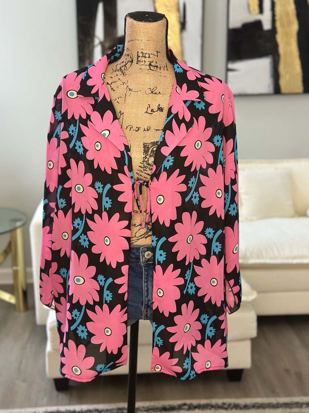 Dress-U By Sharon Pink Floral Long Sleeve Tie-Front Sheer Chiffon Top Size 18 - Picture 2 of 6